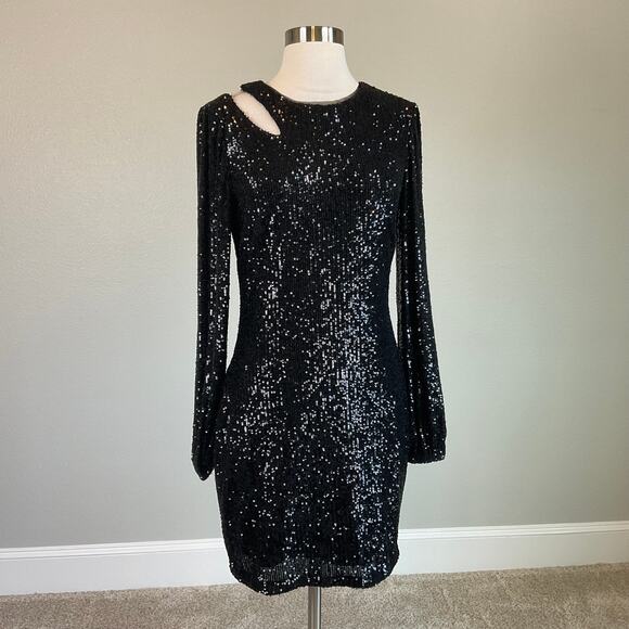 XSCAPE Sequined Long Sleeve Cut Out Mini Sheath Cocktail Dress Black Size 8 - Picture 2 of 10